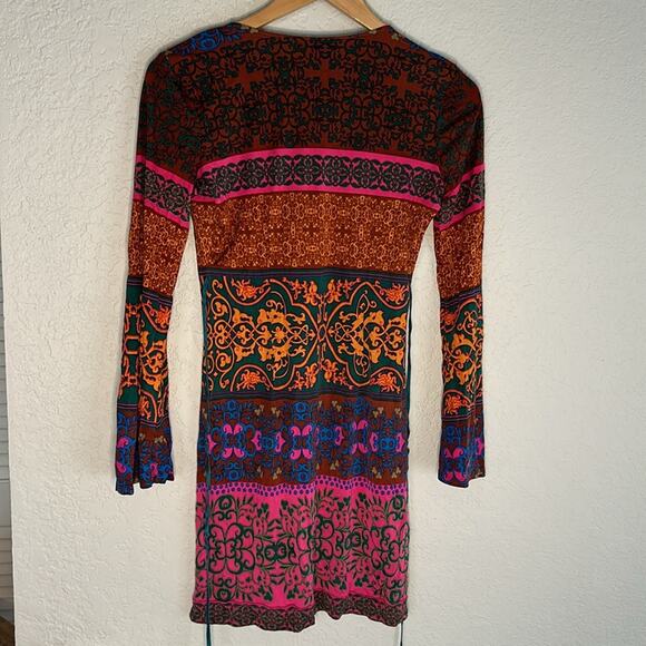 Hale Bob Silk Dress Pink Boho Jewels V Neck Beach Tropical Aztec Colorful Fall - Picture 7 of 7